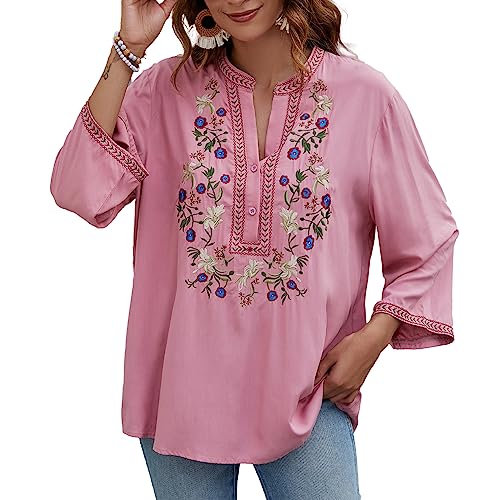 Vakakado Mexico Frauen böhmische Besticktes Shirt Folklore Blumen Tunika Top Boho Blusen 3/4 Ärmel V-Ausschnitt(3XL, 325-Rosa) von Vakakado