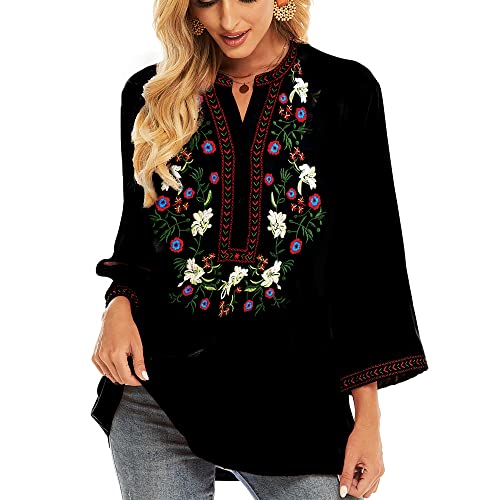 Vakakado Mexico Frauen böhmische Besticktes Shirt Folklore Blumen Tunika Top Boho Blusen 3/4 Ärmel V-Ausschnitt(L, 325-Schwarz) von Vakakado