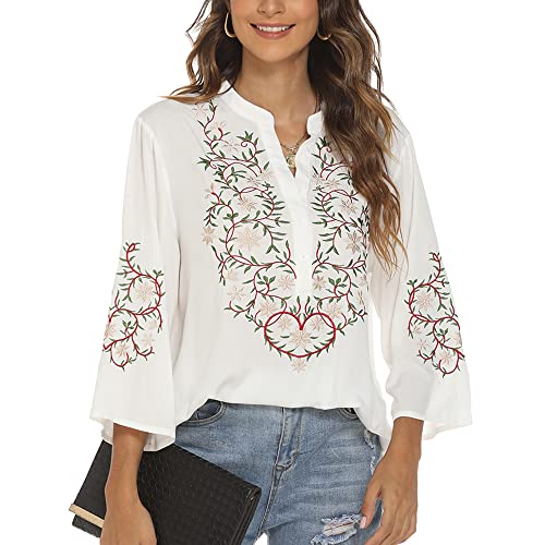 Vakakado Mexico Frauen böhmische Besticktes Shirt Folklore Blumen Tunika Top Boho Blusen 3/4 Ärmel V-Ausschnitt(L, 380-Weiß) von Vakakado