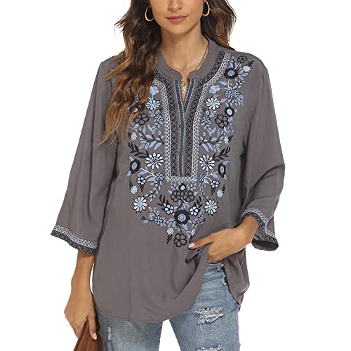 Vakakado Mexico Frauen böhmische Besticktes Shirt Folklore Blumen Tunika Top Boho Blusen 3/4 Ärmel V-Ausschnitt (M, 372-Grau) von Vakakado