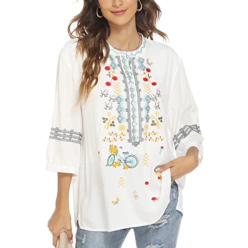 Vakakado Mexico Frauen böhmische Besticktes Shirt Folklore Blumen Tunika Top Boho Blusen 3/4 Ärmel V-Ausschnitt(M, 377-Weiß) von Vakakado