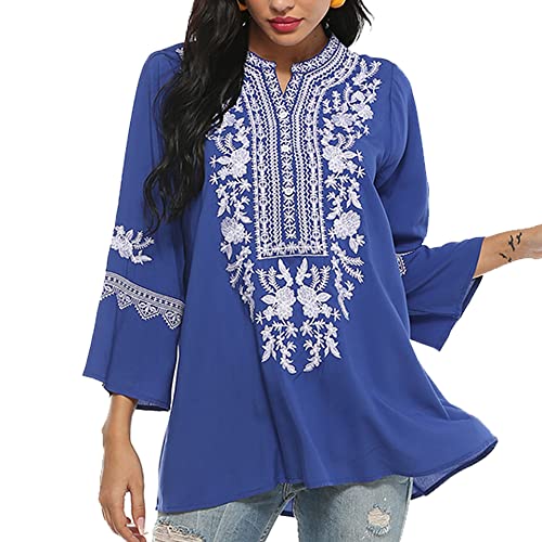 Vakakado Mexico Frauen böhmische Besticktes Shirt Folklore Blumen Tunika Top Boho Blusen 3/4 Ärmel V-Ausschnitt(S, 200-Blau) von Vakakado