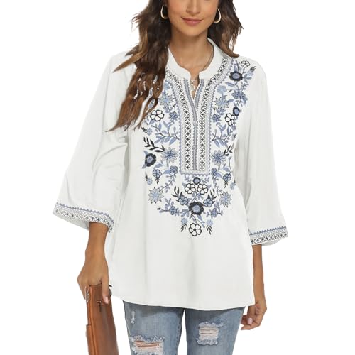Vakakado Mexico Frauen böhmische Besticktes Shirt Folklore Blumen Tunika Top Boho Blusen 3/4 Ärmel V-Ausschnitt (S, 372-Weiß) von Vakakado