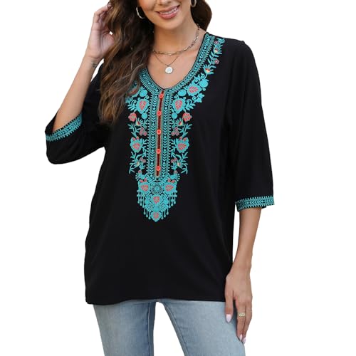 Vakakado Mexico Frauen böhmische Besticktes Shirt Folklore Blumen Tunika Top Boho Blusen 3/4 Ärmel V-Ausschnitt (XL, 707-Schwarz) von Vakakado