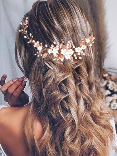 Vakkery Hochzeit Blume Haar Rebe Perle Stirnband Braut Blatt Kopfschmuck Braut Haarschmuck für Frauen Mädchen Brautjungfern (Roségold) von Vakkery