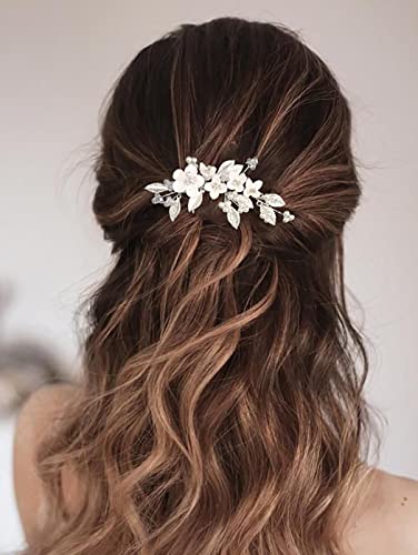 Vakkery Silberner Haarkamm mit Perlen und Blumen, Brautschmuck, Brauthaarschmuck für Frauen und Mädchen von Vakkery
