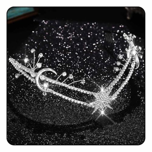 Vakkery Stern Hochzeit Tiara Krone Silber Mond Krone Stirnband Prinzessin Strass Kopfbedeckung Brautkrone Haarschmuck für Damen und Mädchen von Vakkery