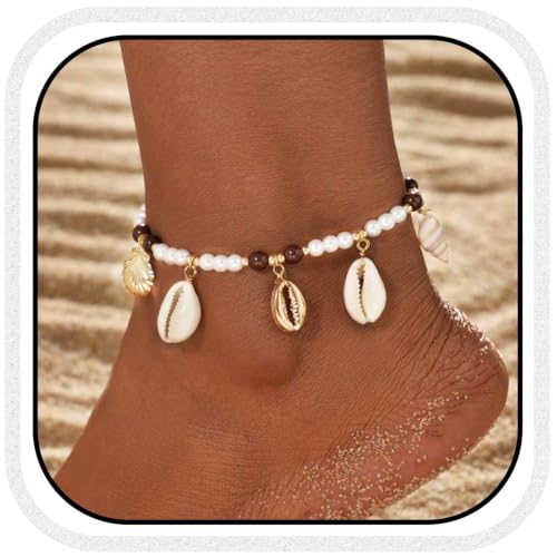 Vakkery Boho Muschel Fußkettchen Muschel Perlen Fußkettchen Armbänder Strand Fußkette für Frauen von Vakkery