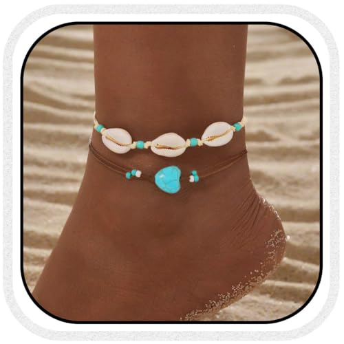 Vakkery Boho Muschel Fußkettchen verstellbares mehrlagiges türkisfarbenes Strand Fußkettchen für Damen von Vakkery
