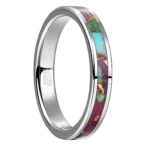 Vakki 4mm Silber Wolfram Ring Herren/Damen Türkis Ring Verlobungsringe für Männer mit Lila Kupfer Türkis Partnerringe von Vakki