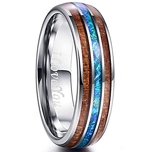 Vakki 6mm Ring mit Holz Damen Silber Opal Wolframkarbid Ring Partnerring Ehering Verlobungsring Größe 58(18.5) von Vakki