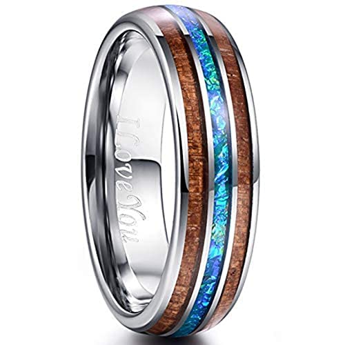 Vakki Herren Ring Opal 6mm Silber Wolframkarbid mit Koa Holz Partnerringe Paarring Beste Geburtstagsgeschenke Valentinstagsgeschenke Größe 68.5(21.8) von Vakki