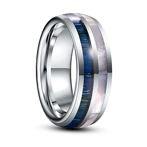 Vakki 8mm Eheringe Wolframcarbid mit Blau Holzmaserung und Weiße Perlmutt Ring Männer Silber Bestes Geschenk Weihnachts Valentinstags Größe 62(19.7) von Vakki