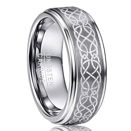 Vakki 8mm Herren/Damen Silber Ehering aus Wolframcarbid mit Keltischem Drachen Knoten Muster Inlay Größe 57(18.1) von Vakki