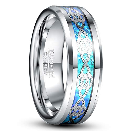 Vakki 8mm Silber Keltische Wolfram Ringe mit Blau Opal Herren Damen Partnerring Jubiläumsring Größe 57 (18.1) von Vakki