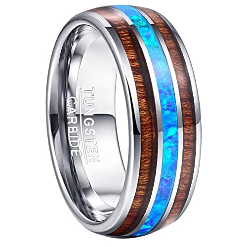 Vakki 8mm Herren Damen Opal Koa Holz Ring Wolframkarbid Silber Verlobungsring Ehering Beste Geburtstagsgeschenke Größe 72(22.9) von Vakki