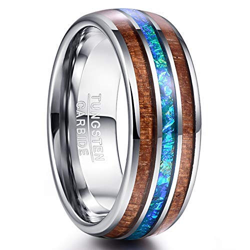 Vakki 8mm Herren Ehering Holz Partnerringe Wolfram Paar Ring Eingelegter Blauer Opal Koa Wood Bequeme Passform Größe 72(22.9) von Vakki