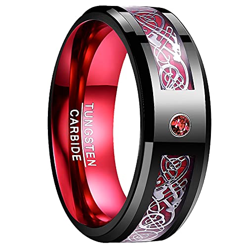 Vakki 8mm Keltischer Drachen Ring mit Zirkon und Kohlefaser Schwarz Rot Wolframcarbid Ring für Herren Jubiläumsring Größe 63.4(20.2) von Vakki