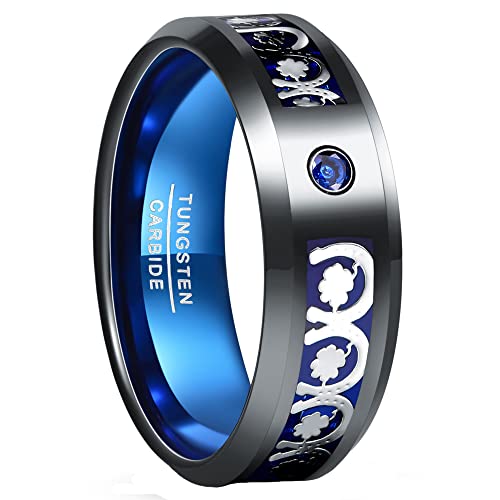 Vakki 8mm Männer Ring Wolframcarbid mit Zirkonia Vierblättriges Kleeblatt Schwarz Blau Freundschaftsringe Paarring Größe 62(19.7) von Vakki