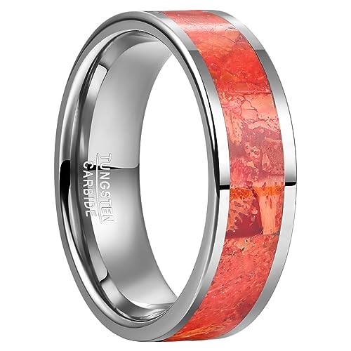 Vakki 8mm Paarring Silber Wolfram Ring Rot Herrenring mit Rote Koralle Verlobungsringe Ehering von Vakki