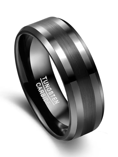 Vakki 8mm Wolfram Ring für Herren, Gebürstete Mitte, Schwarze Ringe für Hochzeit und Alltag, Bequeme Passform, Abgeschrägte Kanten, Größe 54.4(17.3) von Vakki