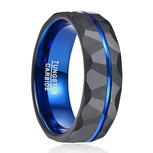 Vakki 8mm Schwarz Blau Herren Wolfram Ring mit Gehämmerter, strukturierter Einlage aus Meteorit für Hochzeit, Jahrestag, Geburtstag, Größe 57(18.1) von Vakki