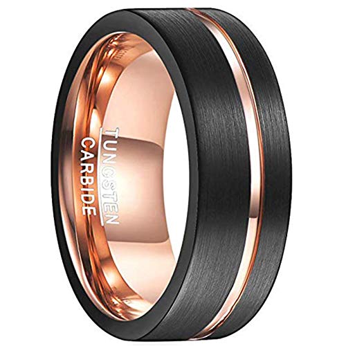 Vakki 8mm Wolfram Ring für Herren, Dünne Rille, Schwarz-Roségold Zweifarbig Ringe für Hochzeit und Alltag, Komfortpassform, Abgeschrägte Kanten, Größe 65(20.7) von Vakki