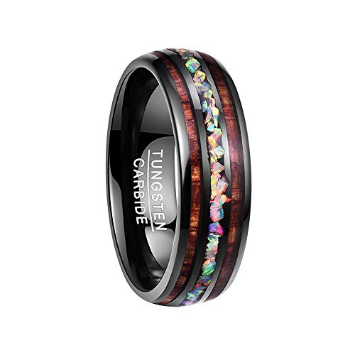 Vakki 8mm Schwarz Eheringe aus Wolframkarbid mit Hawaii Holz und Synthetischer Opal Kuppel Versprechensring Verlobungsring Größe 71(22.6) von Vakki