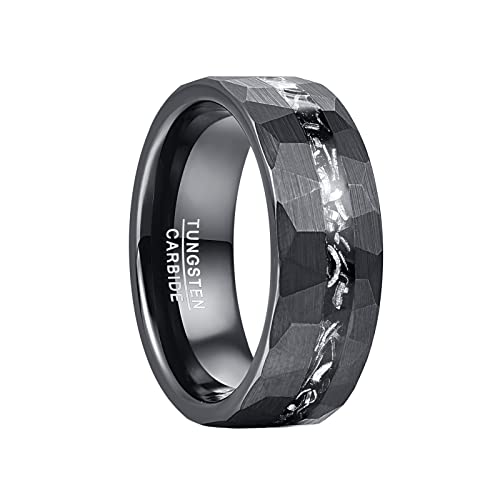 Vakki 8mm Schwarz Herren Wolfram Ring mit Gehämmerter, strukturierter Einlage aus Meteorit für Hochzeit, Jahrestag, Geburtstag, Größe 62(19.7) von Vakki