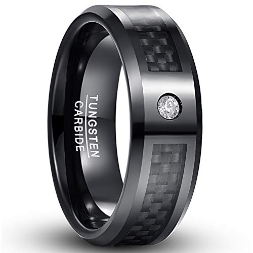 Vakki 8mm Schwarz Ring aus Wolframcarbid mit Zircon Kohlefaser Paarringe Geeignet für Verlobungs Hochzeit Freizeit Hobby Größe 54(17.2) von Vakki