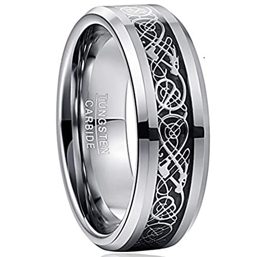 Vakki 8mm Silber Keltischer Drache Ringe Inlay Schwarze Karbonfaser Herren Wolframcarbid Ring Modeschmuck Hochpoliert Größe 62(19.7) von Vakki