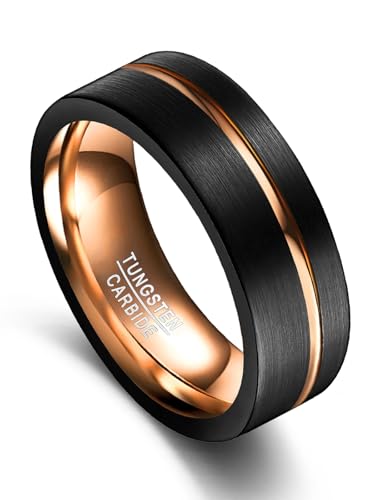 Vakki 8mm Wolfram Ring für Herren, Dünne Rille, Schwarz-Roségold Zweifarbig Ringe für Hochzeit und Alltag, Komfortpassform, Abgeschrägte Kanten, Größe 71(22.6) von Vakki