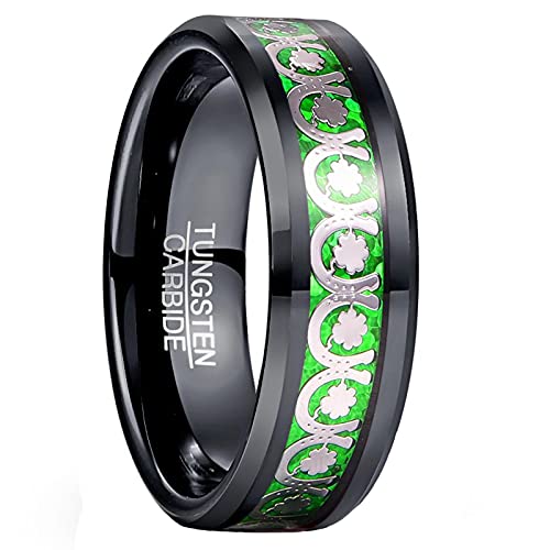 Vakki 8mm Wolframring für Herren/Damen Schwarz und Grün Eheringe Verlobungsring Partner Ring Bestes Geschenk mit Opalpapier Hufeisen und Klee Inlay Größe 65(20.7) von Vakki