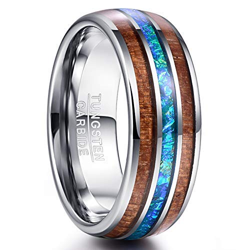 Vakki Blauer Opal Ring Wolframcarbid 8mm Herren Ehering Holz Silber Partnerring Freundschaft Ringe Größe 66(21.0) von Vakki