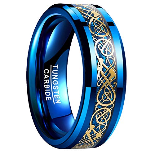 Vakki Damen Ehering aus Wolframkarbid 8mm mit Gold Keltischer Drachen Blau Verlobungs Vorschlagsring Polierter Größe 60(19.1) von Vakki