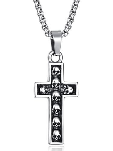 Vakki Halskette Herren Silber Schwarz Kreuz-Anhänger-Halskette Edelstahl-Totenkopf-Halskette mit 51cm Boxkette für Männer von Vakki