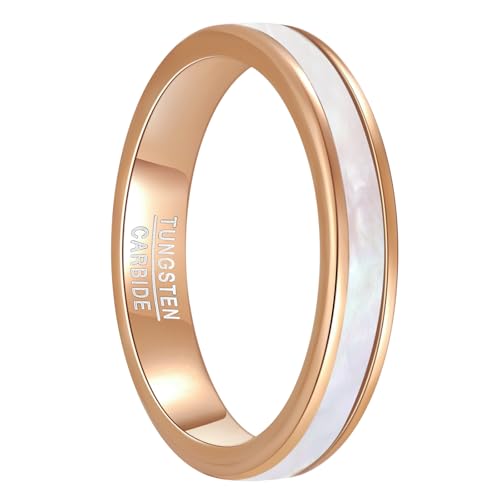 Vakki Ringe aus Roségold 4mm Wolfram Ring für Damen Weißer Perlmutt Ehering Frauenring für Hochzeit, Versprechen, Täglich, Größe 60(19.1) von Vakki