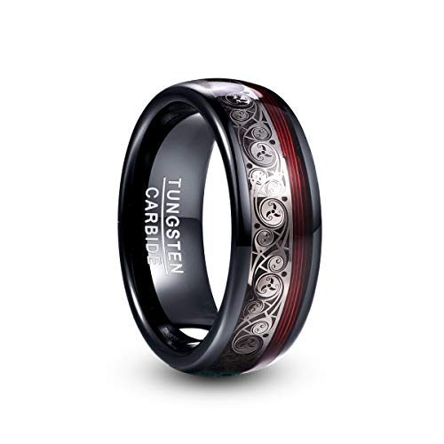 Vakki Herren Damen Ring Schwarz Wolfram Ring mit Spiralmuster und Roter Gitarrensaite Partner Ring Kuppel Comfort Fit Größe 60(19.1) von Vakki