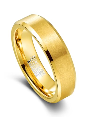Vakki Herren Damen Ringe 6mm Wolfram Ring Gold Einfach Eheringe mit Abgeschrägte Kanten Größe 60(19.1) von Vakki