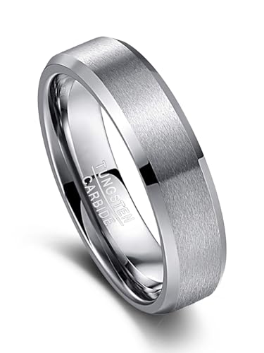 Vakki Herren Damen Ringe 6mm Wolfram Ring Silber Einfach Eheringe mit Abgeschrägte Kanten Größe 60(19.1) von Vakki