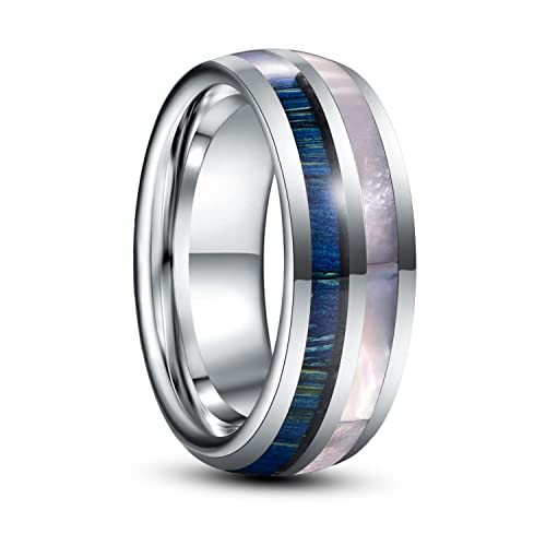 Vakki Herren Damen Silber Ehering Holz 8mm Wolfram Ring mit Weiße Perlmutt Paarring Geeignet Heiratsantrag Größe 59(18.8) von Vakki