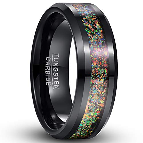 Vakki 8mm Wolframcarbid Ring mit Opal Herren Damen Schwarz Mode Freundschaftsring Verlobungsring Ehering Größe 67(21.3) von Vakki