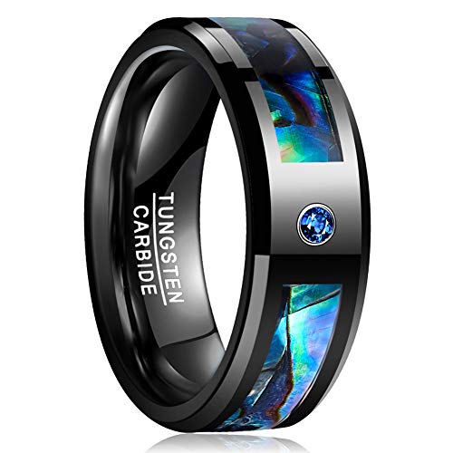 Vakki Herren Damen Wolframcarbid Ring aus Zirkon 8mm Schwarz Abalone Muschel Ring Freundschaftsring Bestes Geburtstagsgeschenk Größe 62(19.7) von Vakki