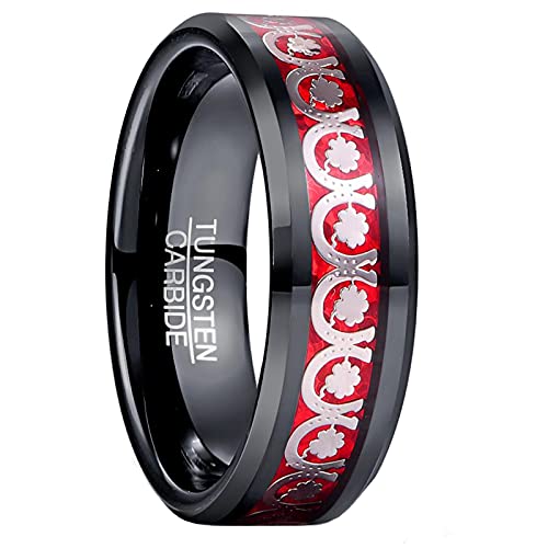 Vakki Herren Ring 8mm Rot und Schwarz Wolfram Ringe mit Hufeisen Klee und Opalpapier Inlay für Hochzeit Jahrestag Versprechen Größe 54(17.2) von Vakki