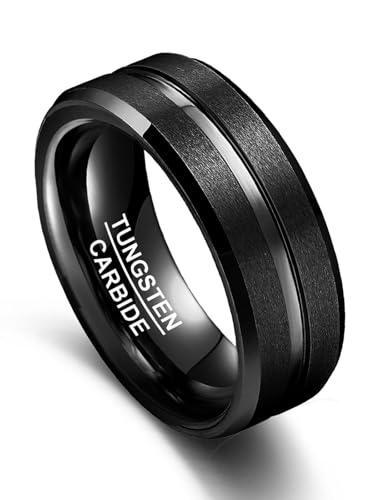 Vakki Herren Ringe 8mm Schwarz Wolfram Ring Einfache Eheringe mit Rille für Männer Größe 61(19.4) von Vakki