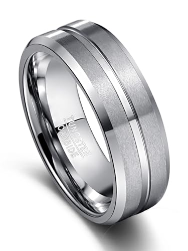 Vakki Herren Ringe 8mm Silber Wolfram Ring Einfache Eheringe mit Rille für Männer Größe 61(19.4) von Vakki