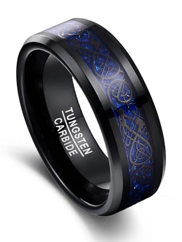 Vakki Herrenring 8mm Schwarz Wolfram Ring Keltische Drachen-Eheringe mit Blaue Kohlefaser für Männer Größe 67.2(21.4) von Vakki