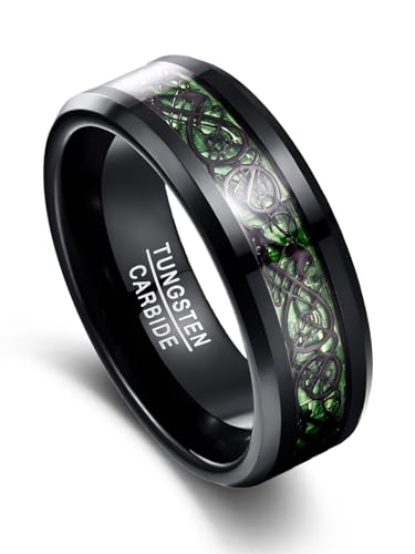 Vakki Herrenring 8mm Schwarz Wolfram Ring Keltische Drachen-Eheringe mit Grün Kohlefaser für Männer Größe 65(20.7) von Vakki