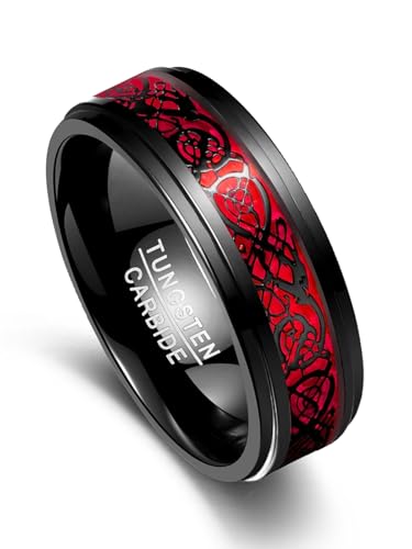 Vakki Herrenring 8mm Schwarz Wolfram Ring Keltische Drachen-Eheringe mit Rotes Opalpapier für Männer Größe 65(20.7) von Vakki