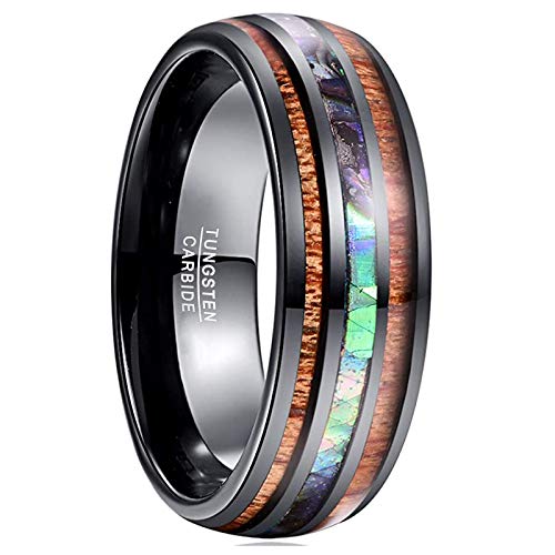 Vakki Wolfram Ringe mit Hawaii Koa Holz Abalone Muschel 8mm Herren Schwarz Ring Bestes Geschenk für Liebhaber Größe 71(22.6) von Vakki